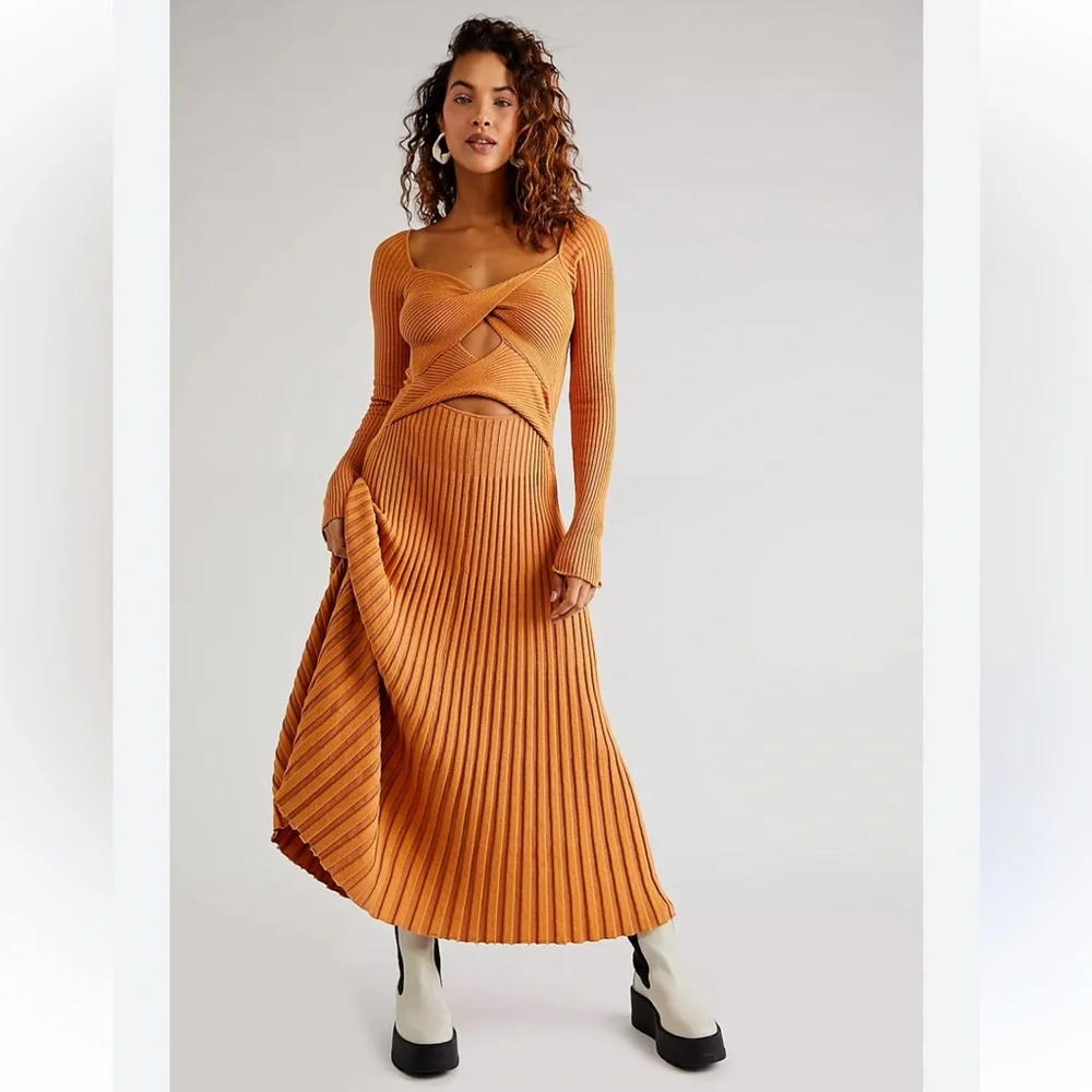 Free People Marnie Vibrant Orange Maxi Ribbed  Cutout Dress Size XS